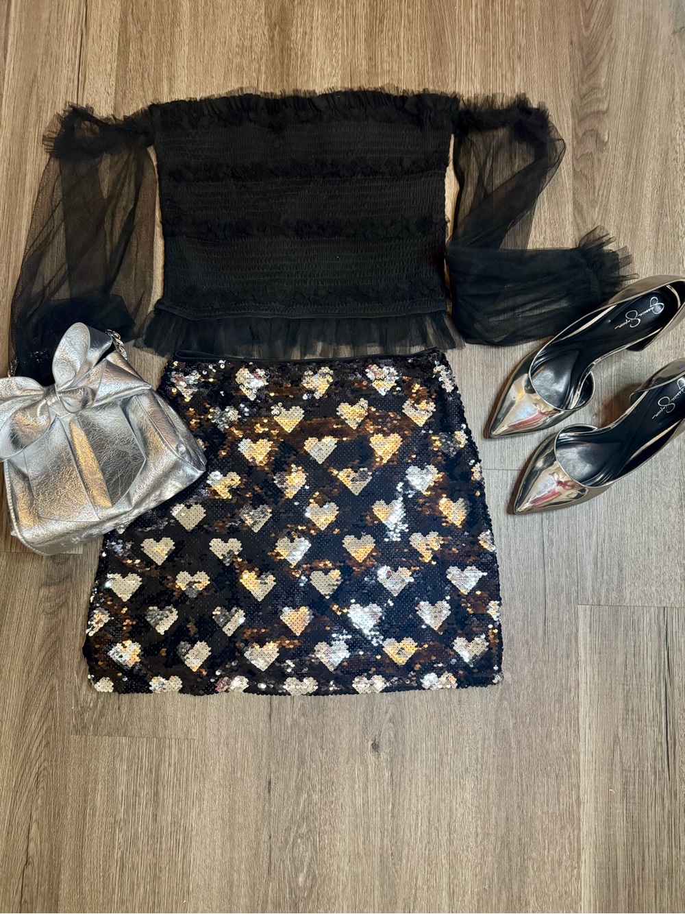 Lush Sequin Heart Mini Skirt - Black & Silver